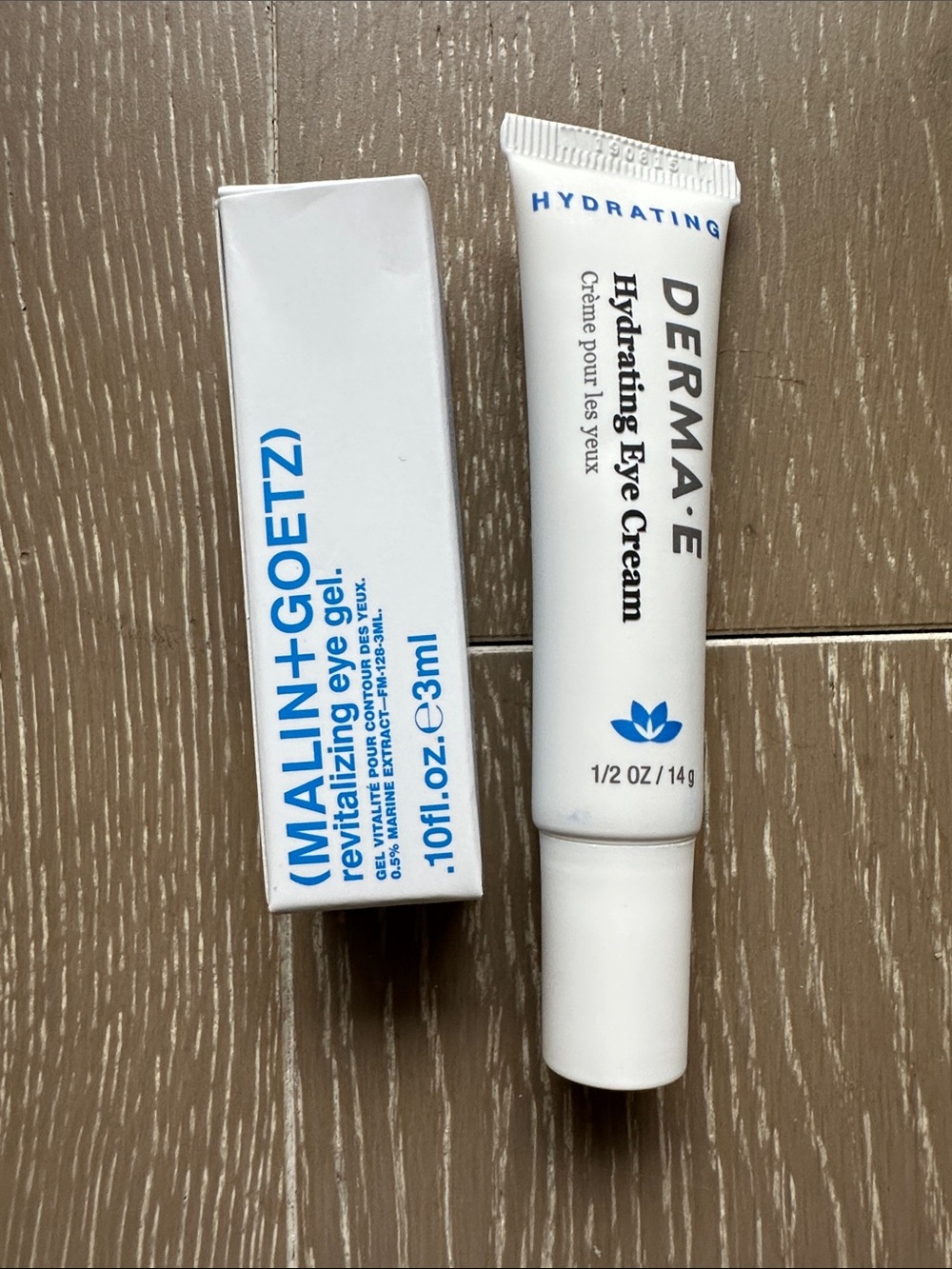 Eye treatment duo Malin Goetz eye gel and Derma E eye cream